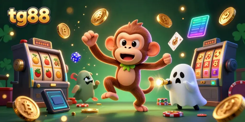 Experience the thrill of tg88 as a playful poltergeist monkey juggles gold objects in a vibrant casino.