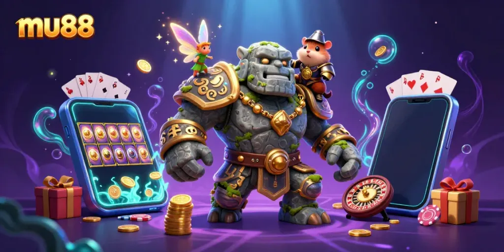 Experience winning strategies with mu88, featuring a guardian golem, fairy magic, and gaming elements.
