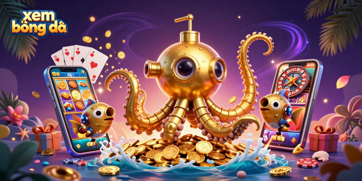 Xem bóng đá dynamic scene showcasing a 3D kraken submarine with casino elements and gold coins