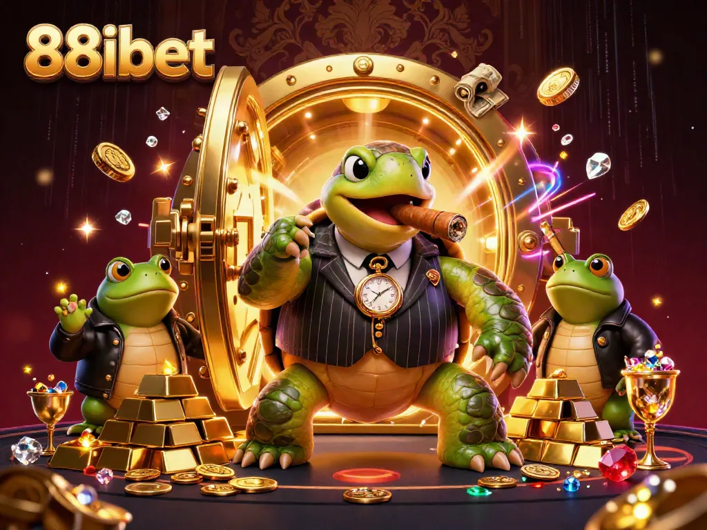 Experience the thrilling world of 88ibet with a massive turtle mobster and enforcers amidst casino treasures.