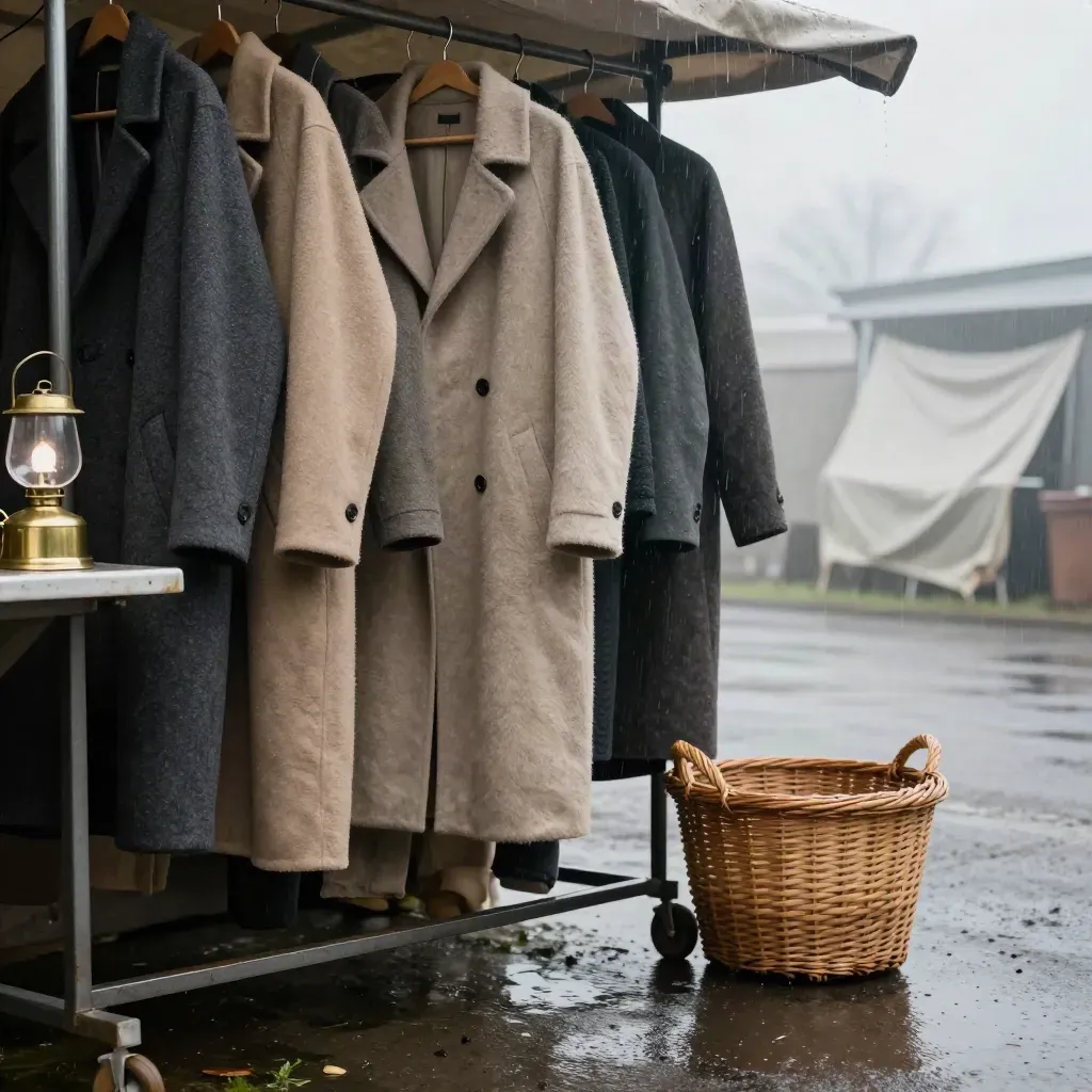 Second hand-rack med ullrockar, mässingslampa och korg på regnblöt trottoar i morgonljus.