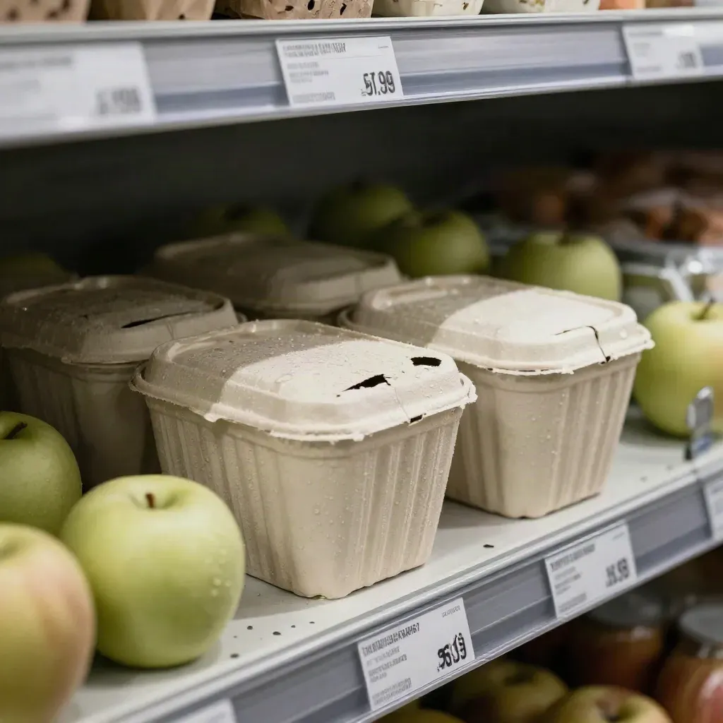 Två bärförpackningar på butikshylla med äpplen och en papperspåse, som jämför pris per kilo.