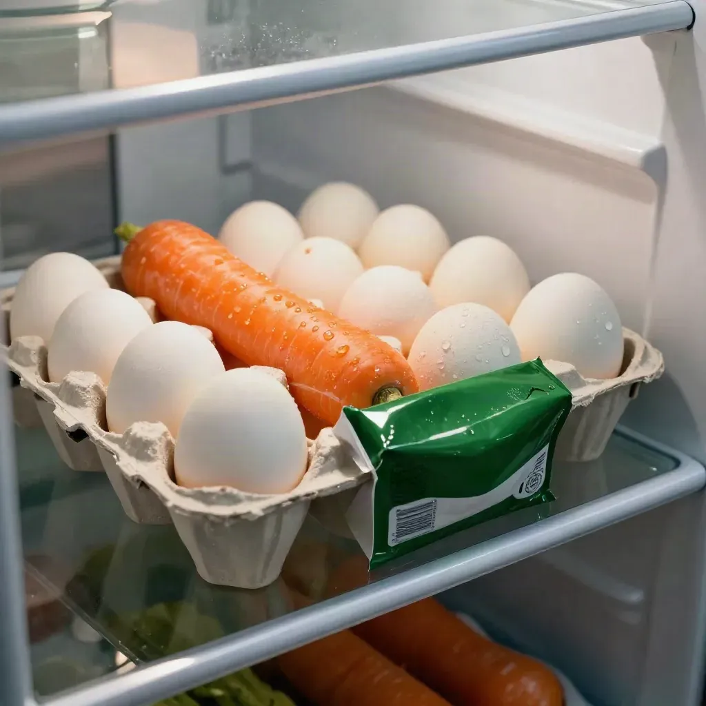 Från kylkanten syns ägg, yoghurt, morötter och en grön förpackning längst fram.