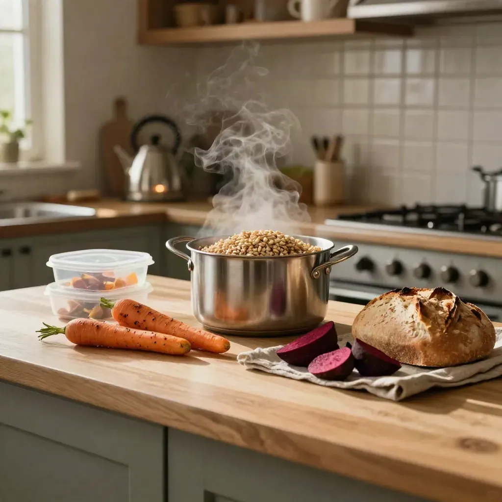 Matlådor, rostad rotfrukt, bröd och gryta med gryn på köksbänk i varmt eftermiddagsljus.