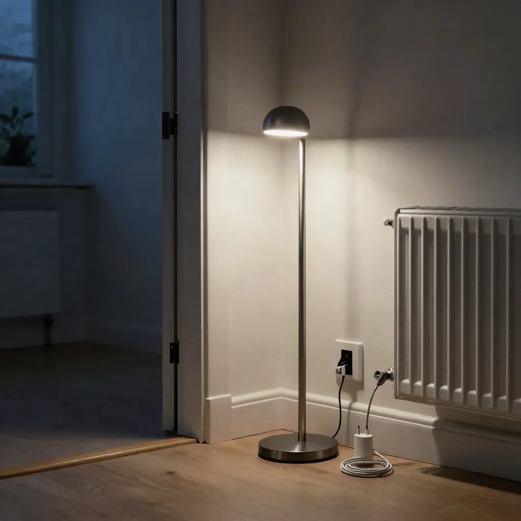 Hörn i en lägenhet i skymning med LED-lampa, sladd, grenuttag och element.