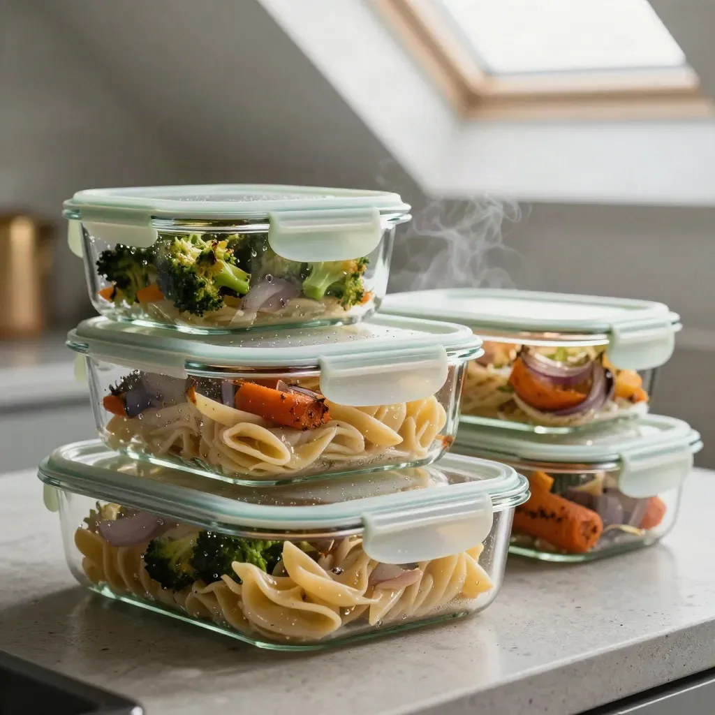 Glasmatlådor med rester av pasta och rostade grönsaker på köksbänken, lätt ånga stiger.