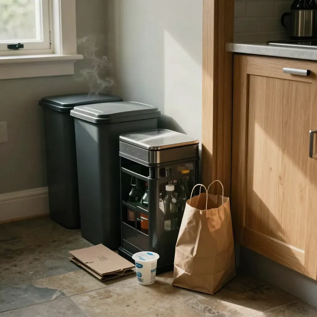 Recyclingstation vid köksdörren med fyra sorteringskärl i ordnad rad