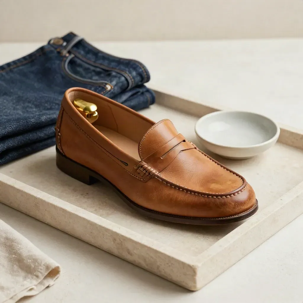 Brun loafer med skoblock, jeans och skål på stenbricka i mjukt ljus.