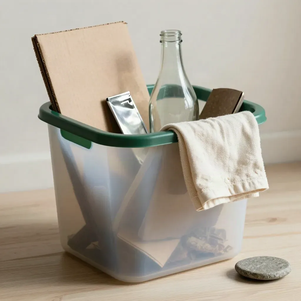 Transparant sorteringskorg med papper, glas och metall på ljus träyta.