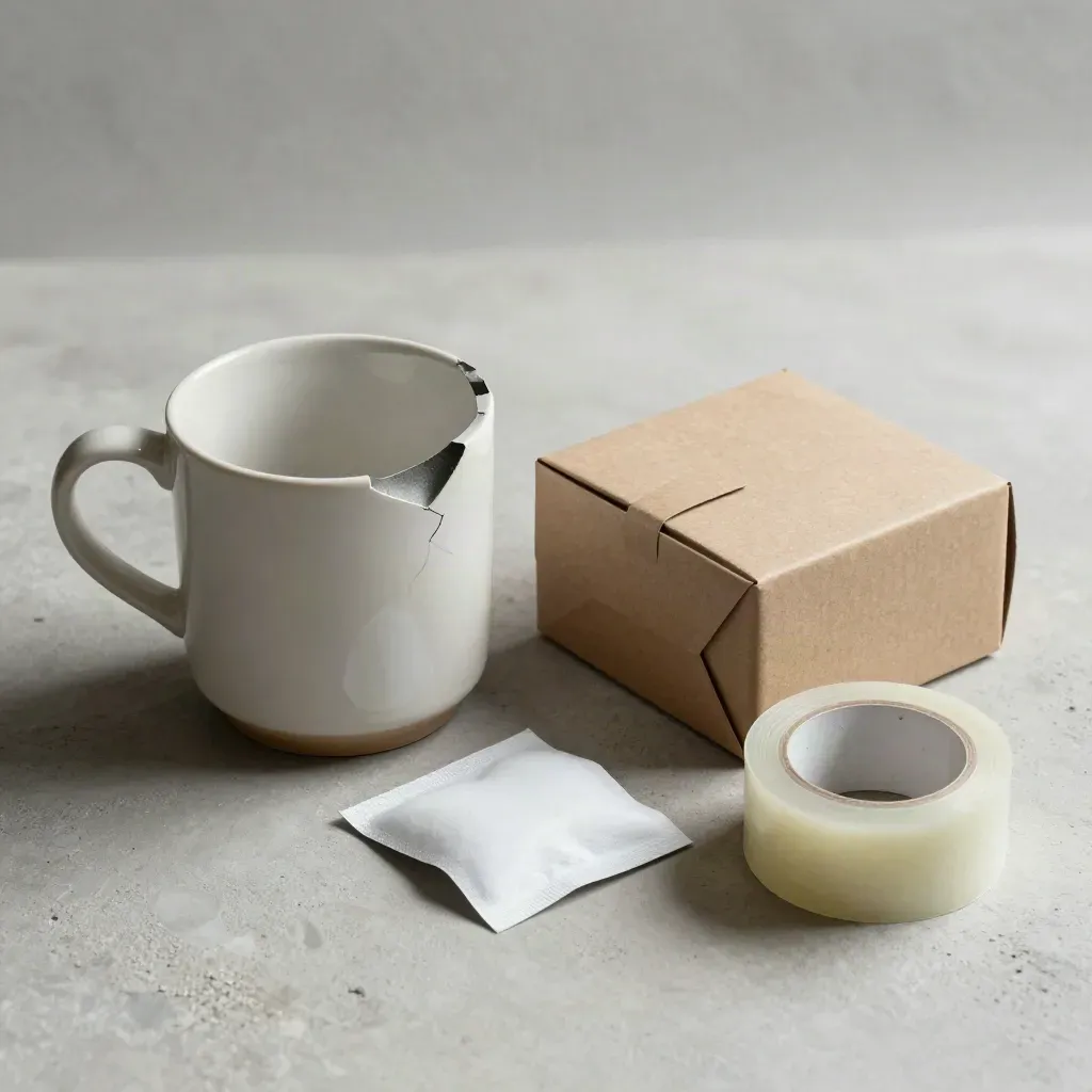 Sprucken mugg vid returkartong, packmaterial och tejprulle på ljus yta.