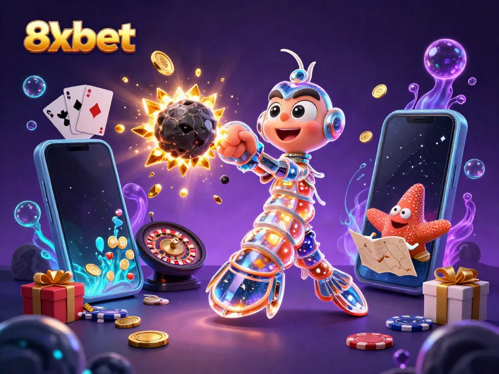 Engage with 8xbet through a vibrant battle scene, showcasing a mantis shrimp amid explosive treasures.