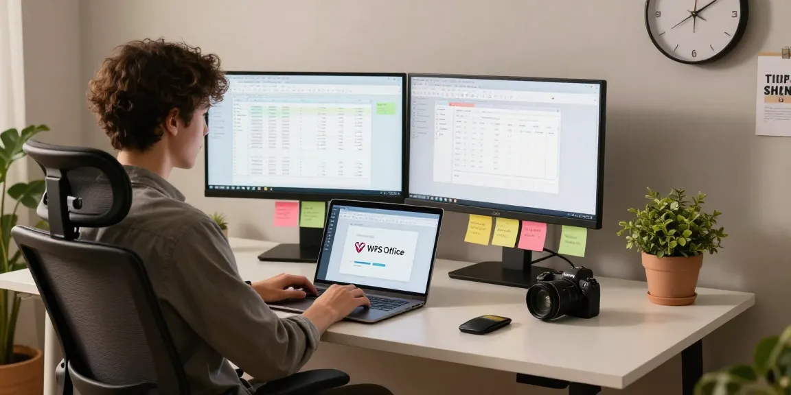 Download WPS Office shown on a modern home office setup with dual monitors, a laptop, and productivity elements.