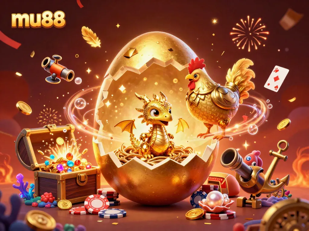 Play exciting games at mu88 featuring a golden egg dragon and poker chips!