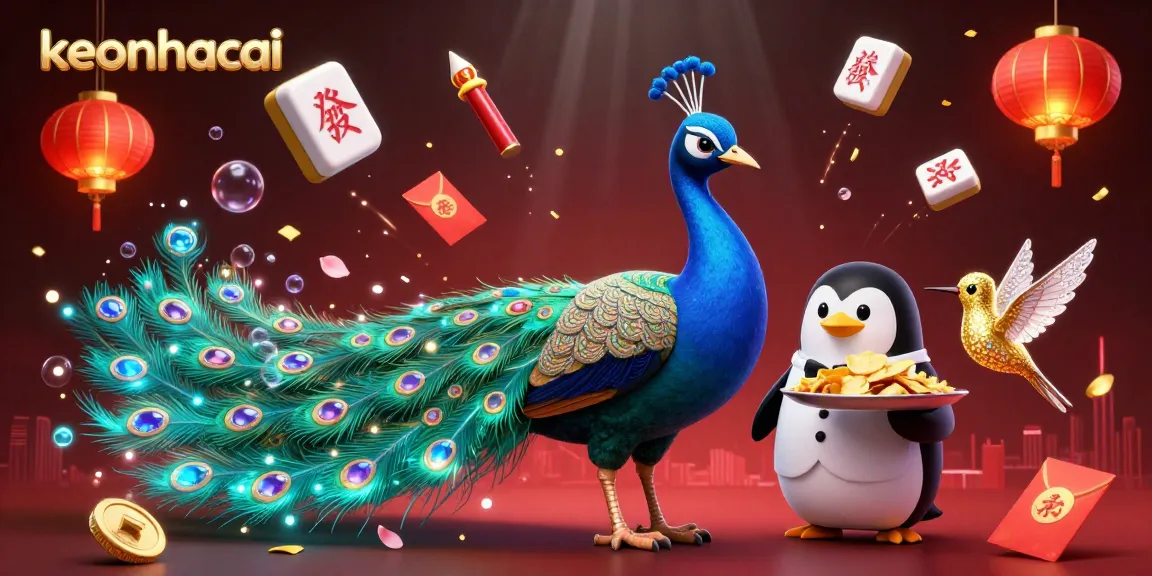 Engage with keonhacai's vibrant casino atmosphere showcasing a peacock, penguin, and hummingbird celebrating with lucky elements.