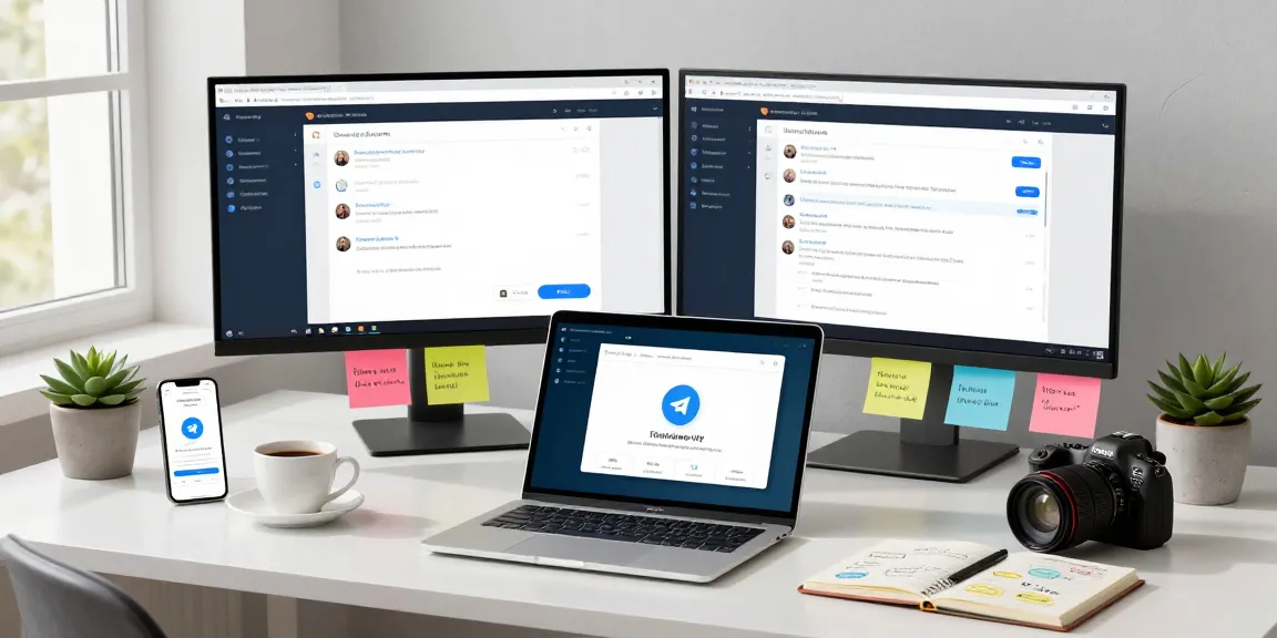Accessing Telegram Web Version on a laptop in a modern workspace, highlighting productivity and connectivity.