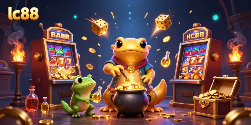 Experience thrilling casino action with lc88's colorful slot machines and enchanting alchemist characters.
