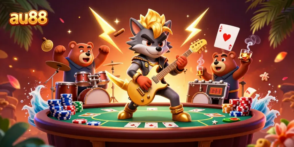 Experience exciting poker action at au88 with vibrant characters and casino elements.