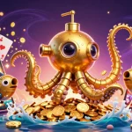 Xem bóng đá dynamic scene showcasing a 3D kraken submarine with casino elements and gold coins