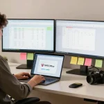 Download WPS Office shown on a modern home office setup with dual monitors, a laptop, and productivity elements.