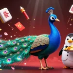 Engage with keonhacai's vibrant casino atmosphere showcasing a peacock, penguin, and hummingbird celebrating with lucky elements.